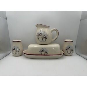Royal Seasons Snowman Stoneware 4 Pc Set Butter Dish Creamer Salt Pepper